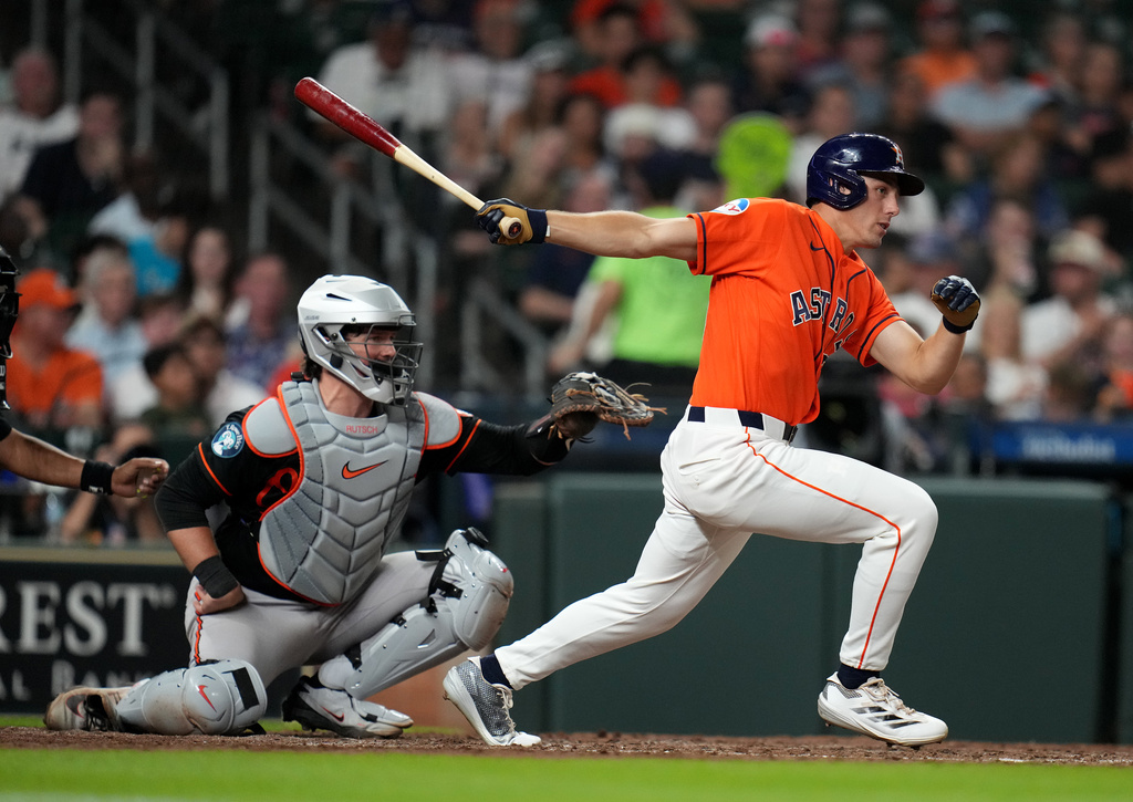 Houston Astros' Lucas Spence grounds out to Baltimore Orioles second baseman Jackson Holliday during the fourth inning of a baseball game, Friday, July 17, 2026, in Houston. (AP Photo/Karen Warren)