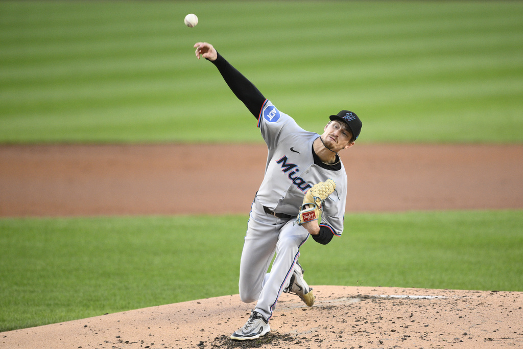 Miami Marlins starting pitcher Adam Mazur throws during the second inning of a baseball game against the Washington Nationals, Tuesday, Sept. 2, 2025, in Washington. (AP Photo/Nick Wass)