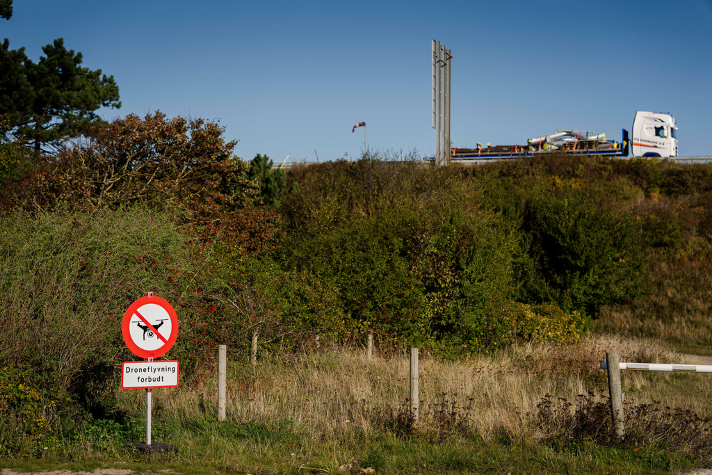 A view of a drone flying prohibited sign at Halsskov, West Zealand, Denmark, Tuesday, Sept. 30, 2025. (Mads Claus Rasmussen/Ritzau Scanpix via AP)