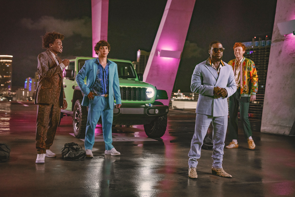 This image released by Netflix shows, from left, Kam Patterson, Marcello Hernandez, Kevin Hart and Ben Marshall in a scene from "72 Hours." (Netflix via AP)