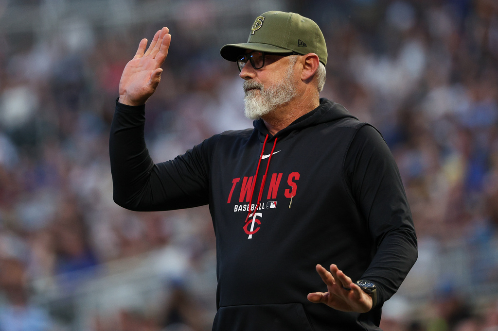 Minnesota Twins manager Derek Shelton reacts after being ejected during the eighth inning of a baseball game against the Milwaukee Brewers, Friday, May 15, 2026, in Minneapolis. (AP Photo/Matt Krohn)