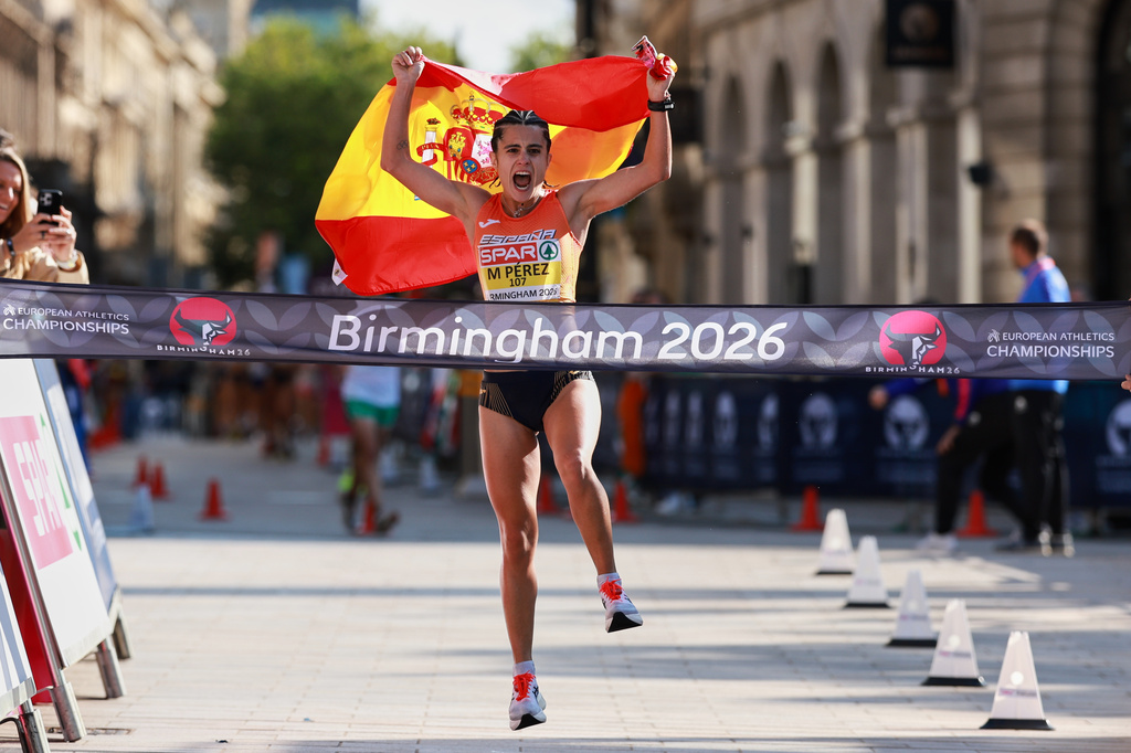 Spain's Maria Perez wins the women's half marathon walk at the European Athletics Championships in Birmingham, England, Saturday, Aug. 15, 2026. (AP Photo/Morgan Harlow)