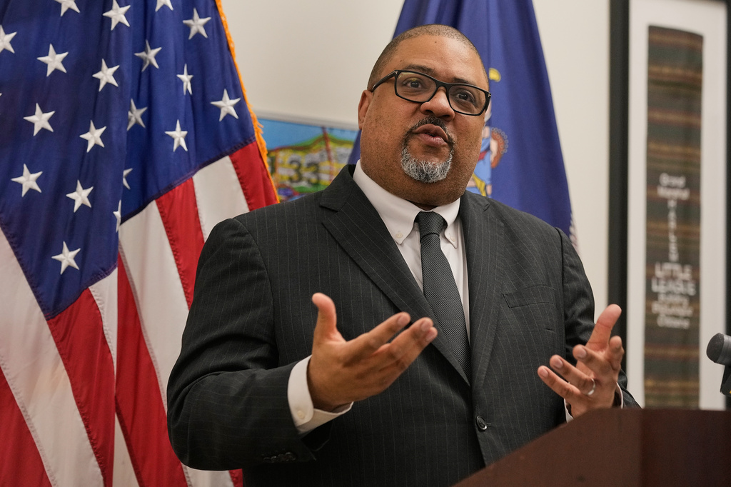 Manhattan District Attorney Alvin Bragg responds to questions during a press conference, in his office in New York, Thursday, May 28, 2026. (AP Photo/Richard Drew)