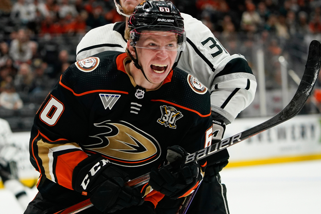 FILE - Anaheim Ducks defenseman Jackson LaCombe celebrates after scoring a goal during the third period of a preseason NHL hockey game against the Los Angeles Kings, Sept. 24, 2023, in Anaheim, Calif. (AP Photo/Ryan Sun, file)
