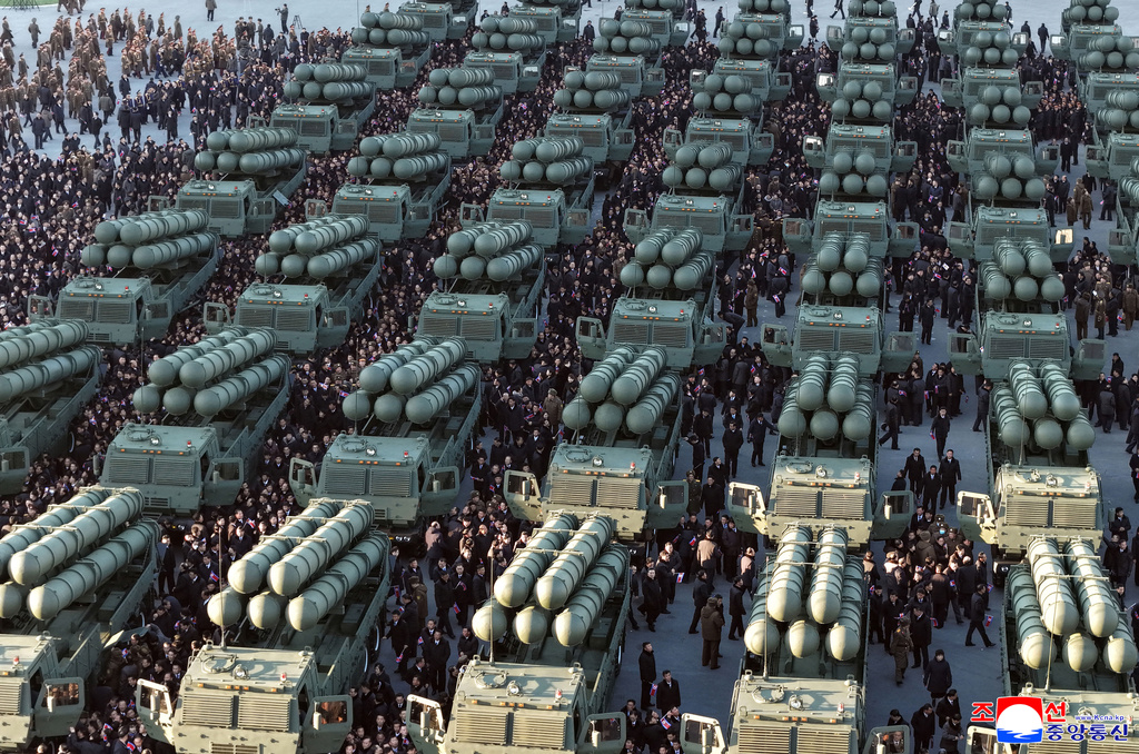 This photo provided by the North Korean government shows new launch vehicles for nuclear-capable short-range missiles during a military ceremony in Pyongyang, North Korea, Wednesday, Feb. 18, 2026. Independent journalists were not given access to cover the event depicted in this image distributed by the North Korean government. The content of this image is as provided and cannot be independently verified. Korean language watermark on image as provided by source reads: "KCNA" which is the abbreviation for Korean Central News Agency. (Korean Central News Agency/Korea News Service via AP)