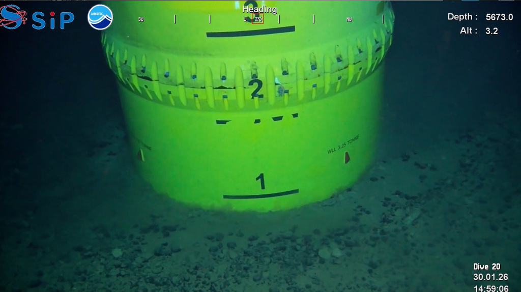 This photo provided by SIP/Japan Agency for Marine-Earth Science and Technology, shows a mining device inserted into subsea sediment off Minamitorishima, south of Tokyo, on Jan. 30, 2026. (SIP/Japan Agency for Marine-Earth Science and Technology via AP)