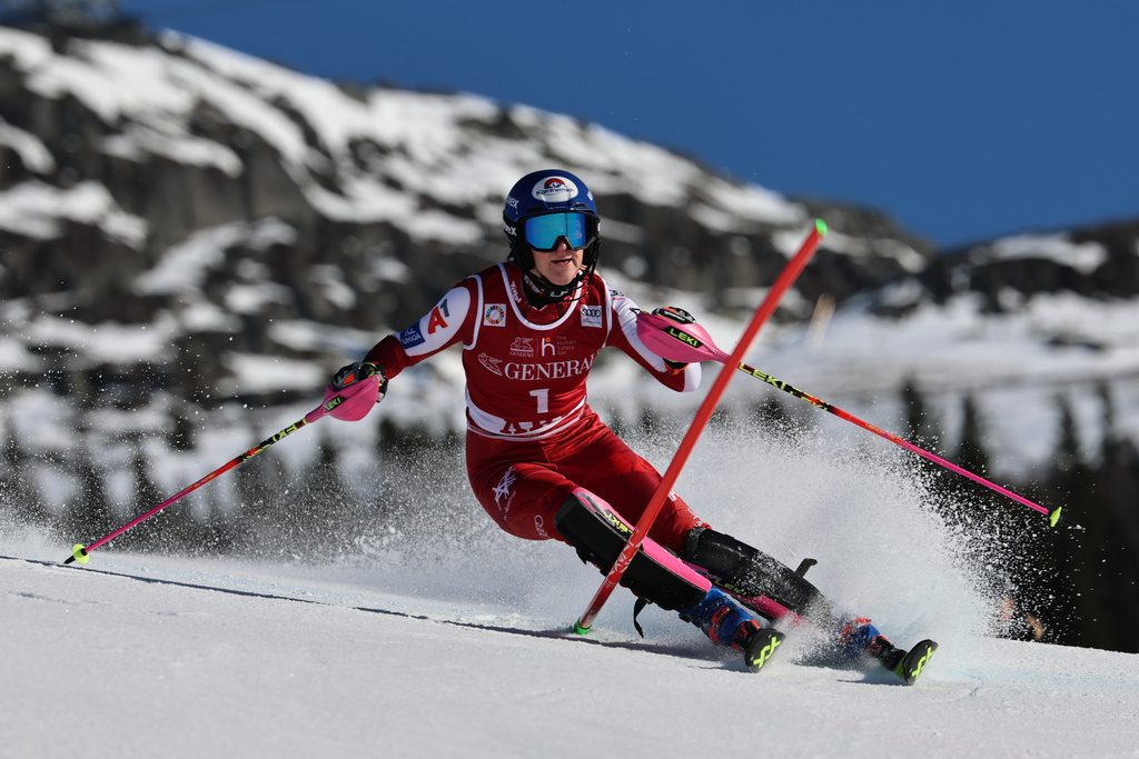 Austria's Katharina Truppe speeds down the course, during an alpine ski, women's World Cup slalom, in Are, Sweden, Sunday, March 15, 2026. (AP Photo/Marco Trovati)