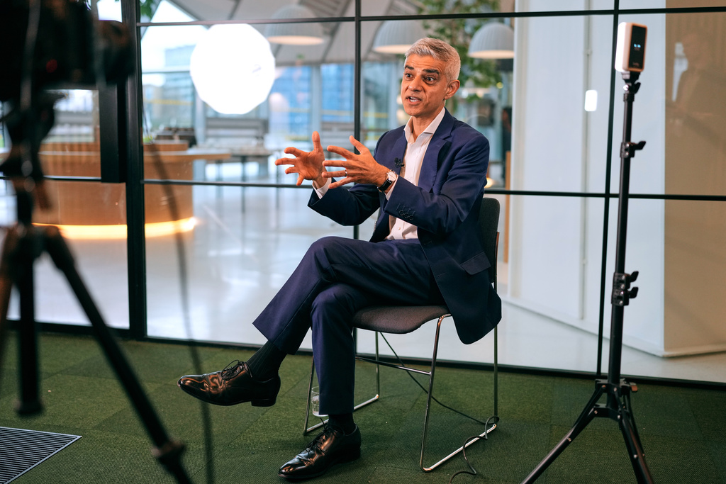 Mayor of London Sadiq Khan speaks during an interview in London, Monday, Jan. 12, 2026. (AP Photo/Kirsty Wigglesworth)