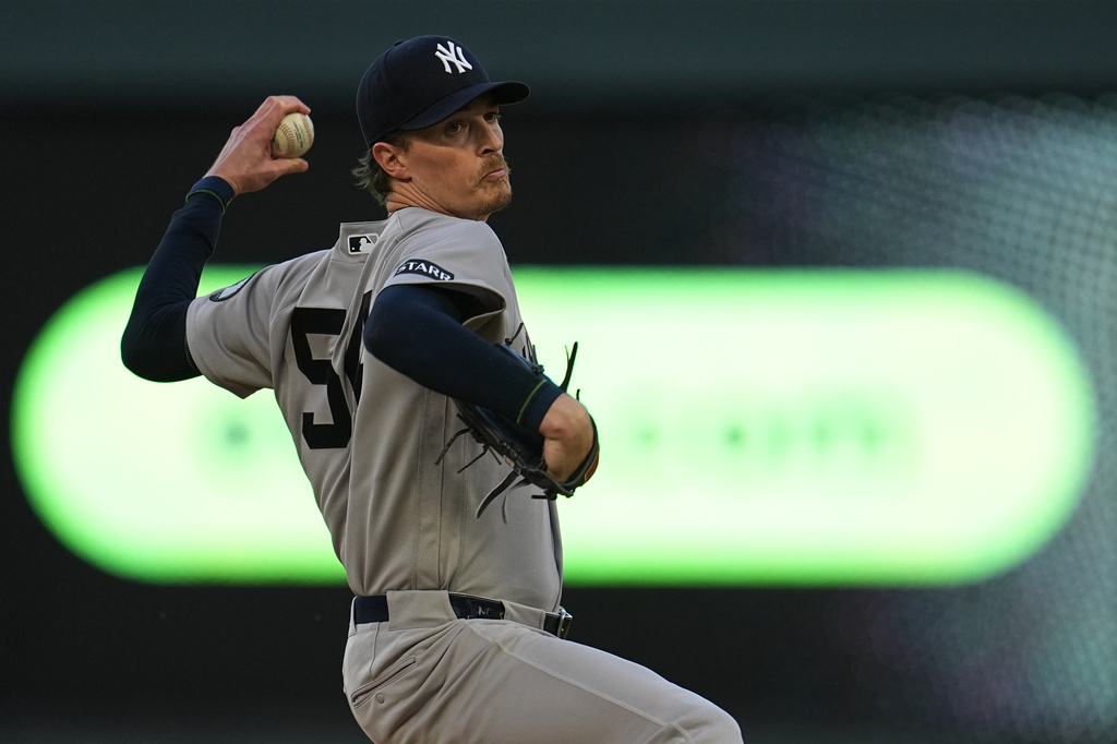 New York Yankees starting pitcher Max Fried delivers during the first inning of a baseball game against the Minnesota Twins Tuesday, Sept. 15, 2026, in Minneapolis. (AP Photo/Abbie Parr)