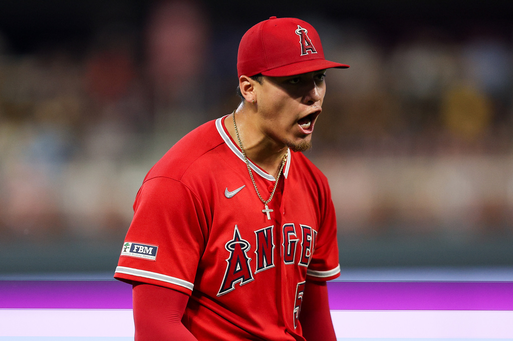 Los Angeles Angels pitcher Samy Natera Jr. celebrates during the seventh inning of a baseball game against the Minnesota Twins, Friday, July 10, 2026, in Minneapolis. (AP Photo/Matt Krohn)
