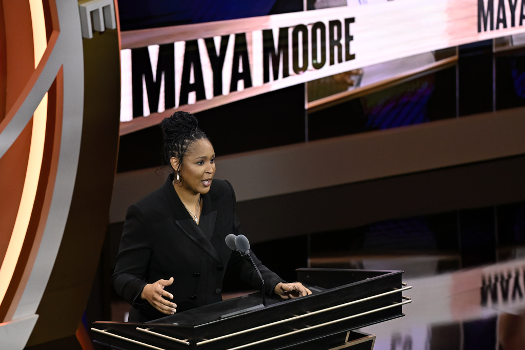 Maya Moore speaks during her enshrinement in the Basketball Hall of Fame, Saturday, Sept. 6, 2025, in Springfield, Mass. (AP Photo/Jessica Hill)