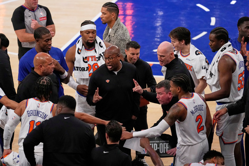 New York Knicks Head Coach Mike Brown, center, talks to his team during the second half of an NBA basketball game against the Cleveland Cavaliers Wednesday, Oct. 22, 2025, at Madison Square Garden in New York. (AP Photo/Frank Franklin II) New York Knicks Head Coach Mike Brown, center, talks to his team during the second half of an NBA basketball game against the Cleveland Cavaliers Wednesday, Oct. 22, 2025, at Madison Square Garden in New York. (AP Photo/Frank Franklin II)