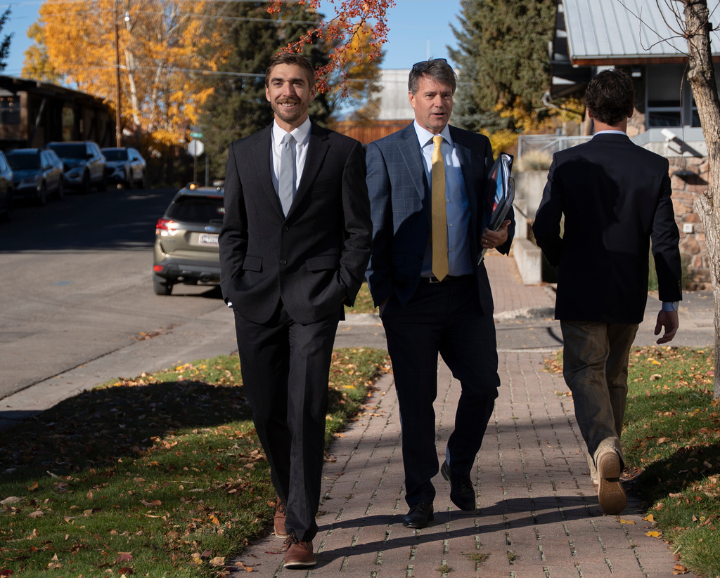 Michelino Sunseri, left, and his attorney Ed Bushnell walk toward the Clifford P. Hansen Courthouse Tuesday, Oct. 21, 2025, in Jackson, Wyo. (Kathryn Ziesig/Jackson Hole News & Guide via AP)