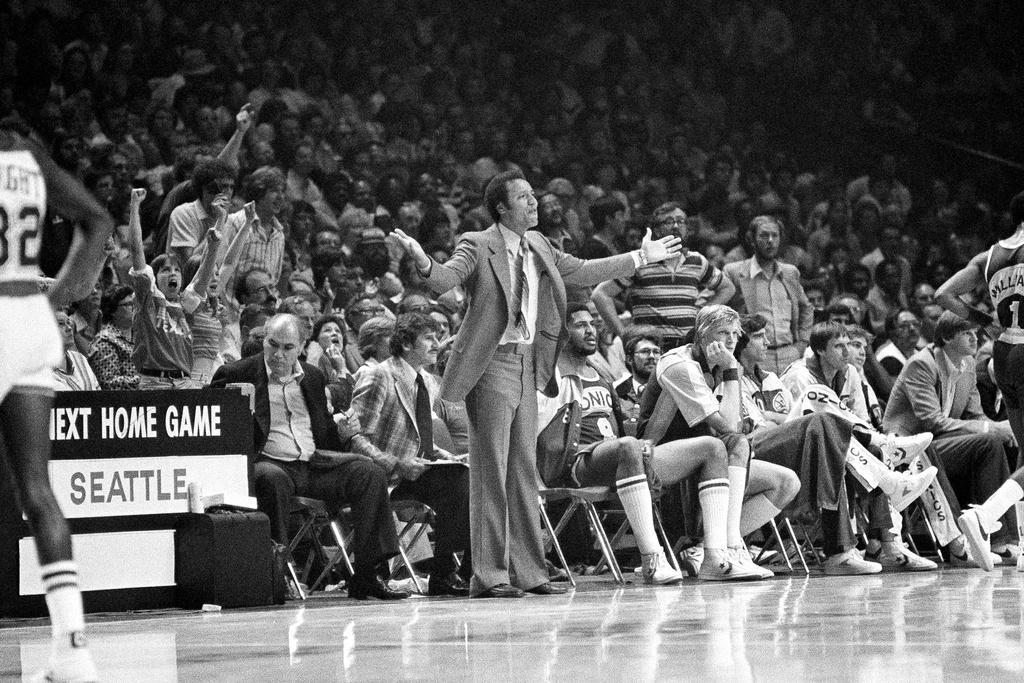 FILE - Seattle Supersonic head coach Lenny Wilkens gestures with his arms during a basketball game against the Washington Bullets in Landover, Md., May 25, 1979. (AP Photo/Smith, File)