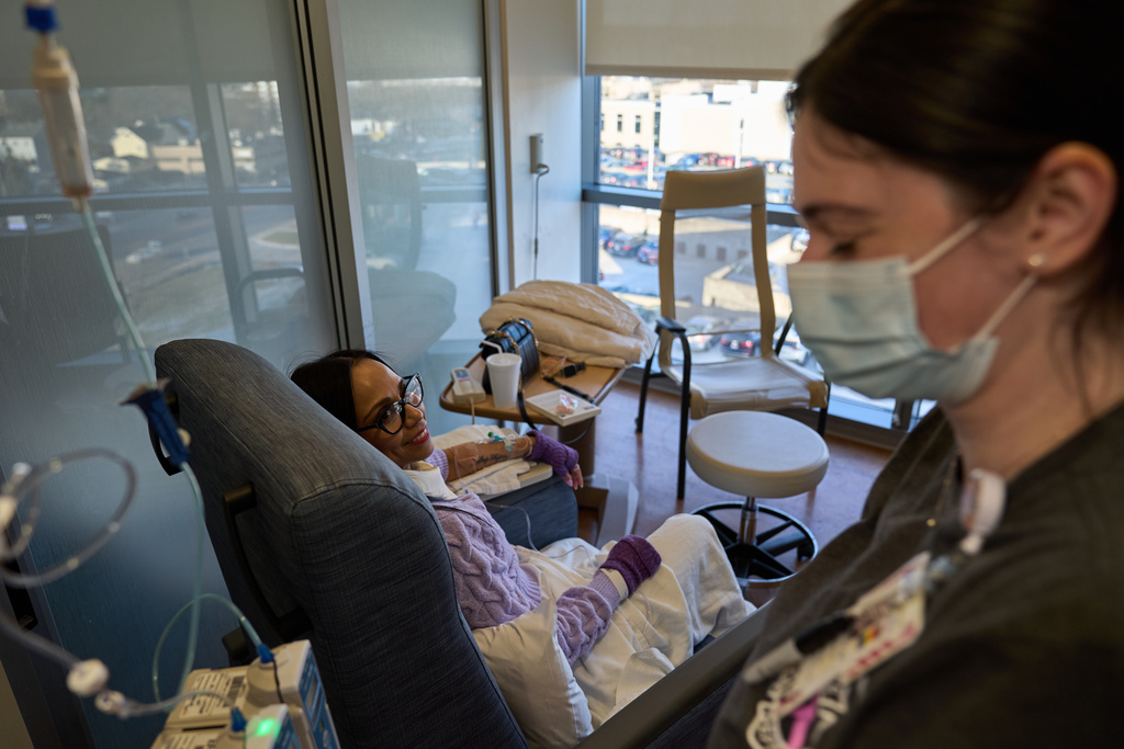 Ruth Wilson, left, whose lupus took six years to diagnose, receives her monthly lupus-focused IV treatment at UMass Memorial Medical Center, Jan. 14, 2025, in Worcester, Mass. (AP Photo/David Goldman)