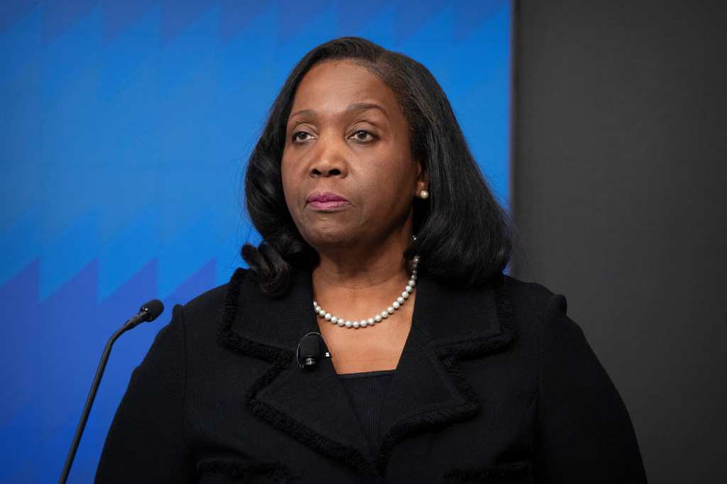 FILE - Lisa Cook, a Federal Reserve Board of Governors member, speaks during an event at the Brookings Institution, Nov. 3, 2025, in Washington. (AP Photo/Mark Schiefelbein, File)