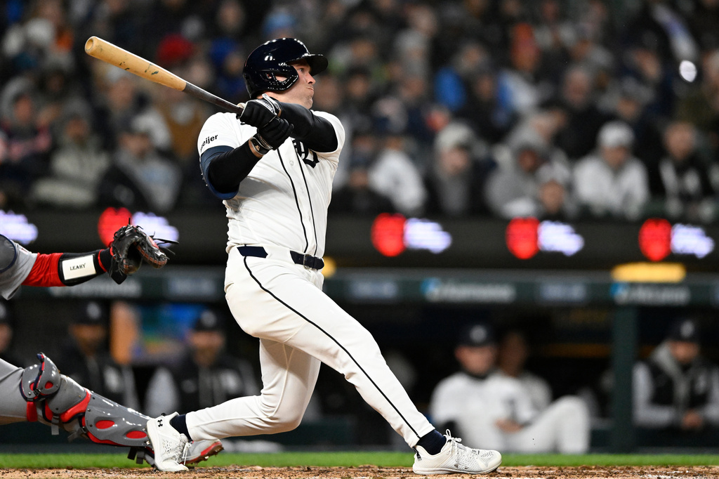 Detroit Tigers' Kerry Carpenter hits a two-run home run in the third inning of a baseball game against the St. Louis Cardinals, Sunday, April 5, 2026, in Detroit. (AP Photo/Jose Juarez)