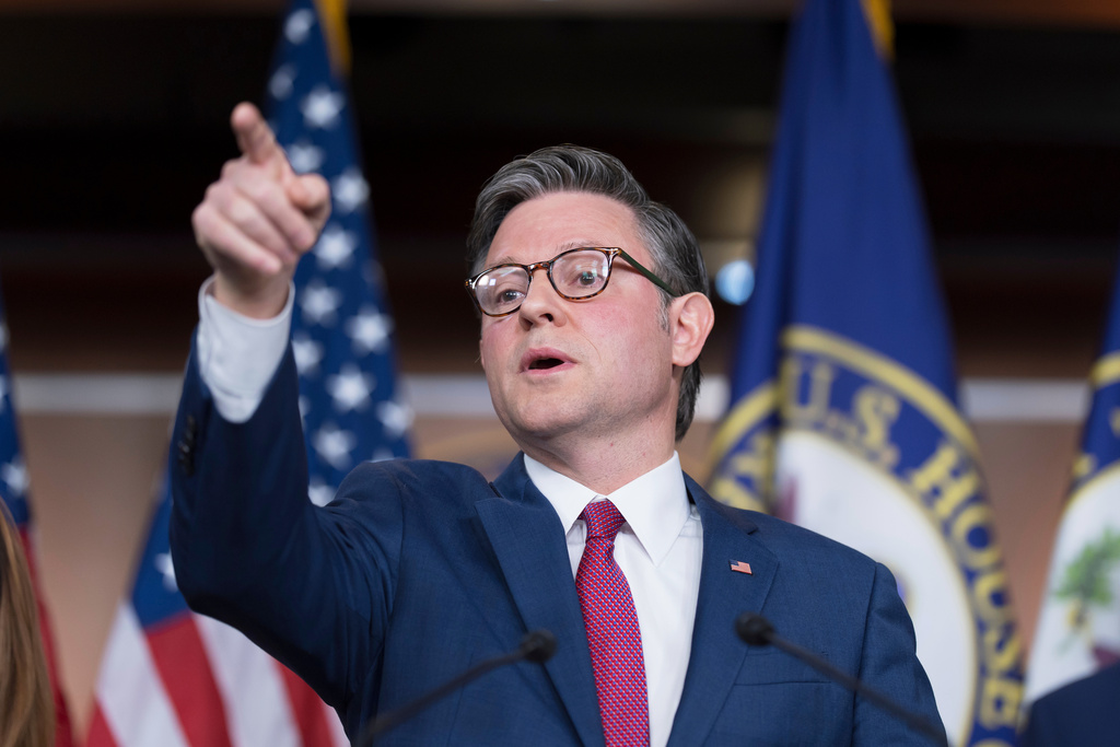Speaker of the House Mike Johnson, R-La., addresses reporters on day 17 of the government shutdown with no resolution in sight to the crisis, at the Capitol in Washington, Friday, Oct. 17, 2025. (AP Photo/J. Scott Applewhite)