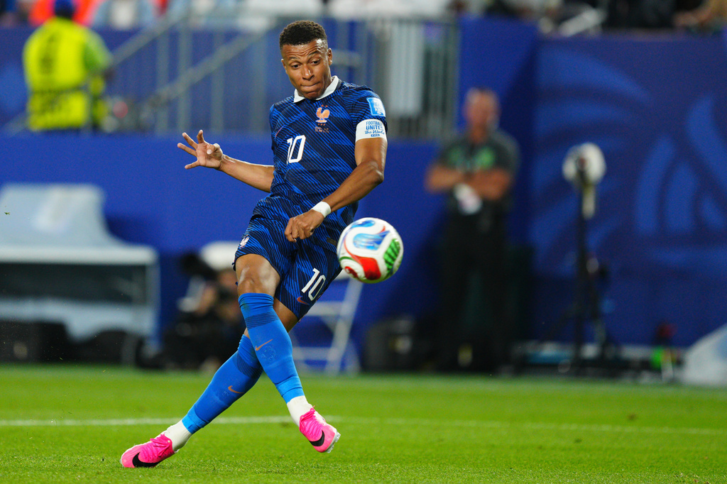 France's Kylian Mbappe (10) shoots at goal during the World Cup Group I soccer match between France and Iraq in Philadelphia, Monday, June 22, 2026. (AP Photo/Derik Hamilton)