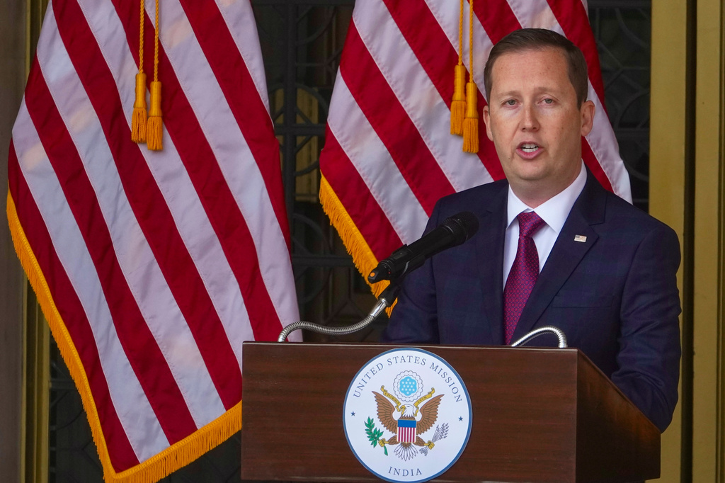 U.S. Ambassador-designate to India Sergio Gor speaks to embassy officials and media upon his arrival at the embassy in New Delhi, India, Monday, Jan. 12, 2026. (AP Photo/Manish Swarup)