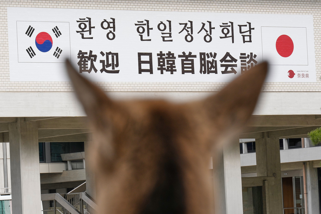 A deer stands in a park in Nara, western Japan, Wednesday, Jan. 14, 2026, near a banner reading "Welcome Japan-South Korea Summit Meeting" hoisted at a public building.(AP Photo/Eugene Hoshiko)