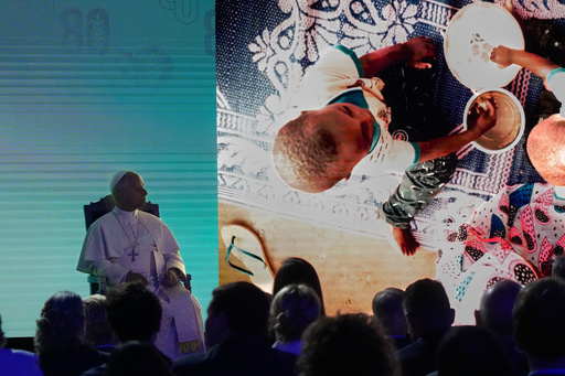 Pope Leo XIV, left, attends the ceremony marking the 80th anniversary of World Food Day at the FAO headquarters in Rome, Thursday, Oct. 16, 2025. (AP Photo/Gregorio Borgia) Pope Leo XIV, left, attends the ceremony marking the 80th anniversary of World Food Day at the FAO headquarters in Rome, Thursday, Oct. 16, 2025. (AP Photo/Gregorio Borgia)