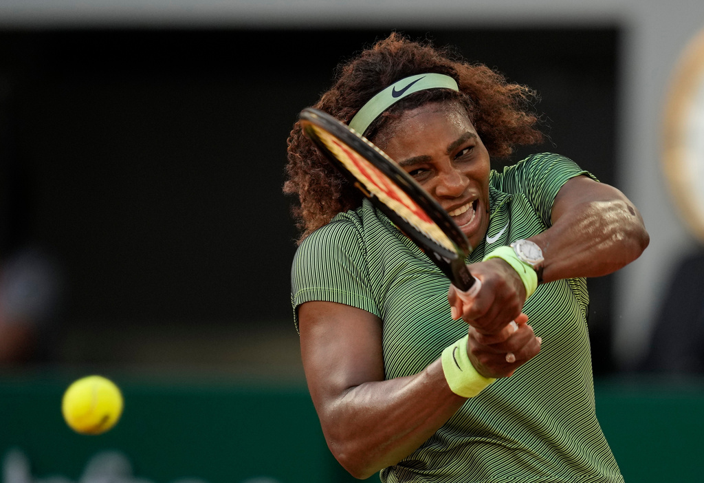 FILE - United States Serena Williams plays a return to Romania's Mihaela Buzarnescu during their second round match on day four of the French Open tennis tournament at Roland Garros in Paris on June 2, 2021. (AP Photo/Thibault Camus, File)