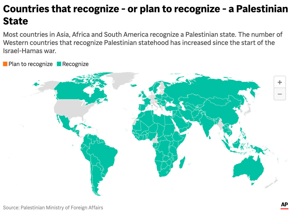 The map above shows countries that plan to recognize or recognize a Palestinian state. (AP Digital Embed)