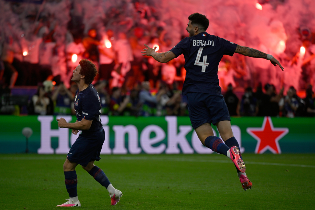 PSG players celebrate after penalty shootout at the end of the Champions League final soccer match between Paris Saint-Germain and Arsenal in Budapest, Hungary, Saturday, May 30, 2026. (AP Photo/Denes Erdos)