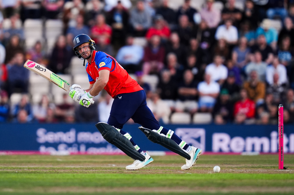 England's Jos Buttler in action during the first IT20 match between England and Sri Lanka in Southampton, England, Tuesday Sept. 15, 2026. (John Walton/PA via AP)