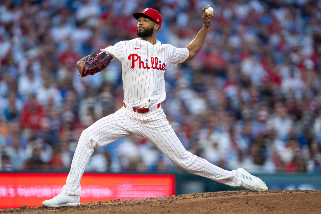 Philadelphia Phillies starting pitcher Cristopher Sanchez delivers during the third inning of a baseball game against the Los Angeles Dodgers, Monday, July 20, 2026, in Philadelphia. (AP Photo/Chris Szagola)