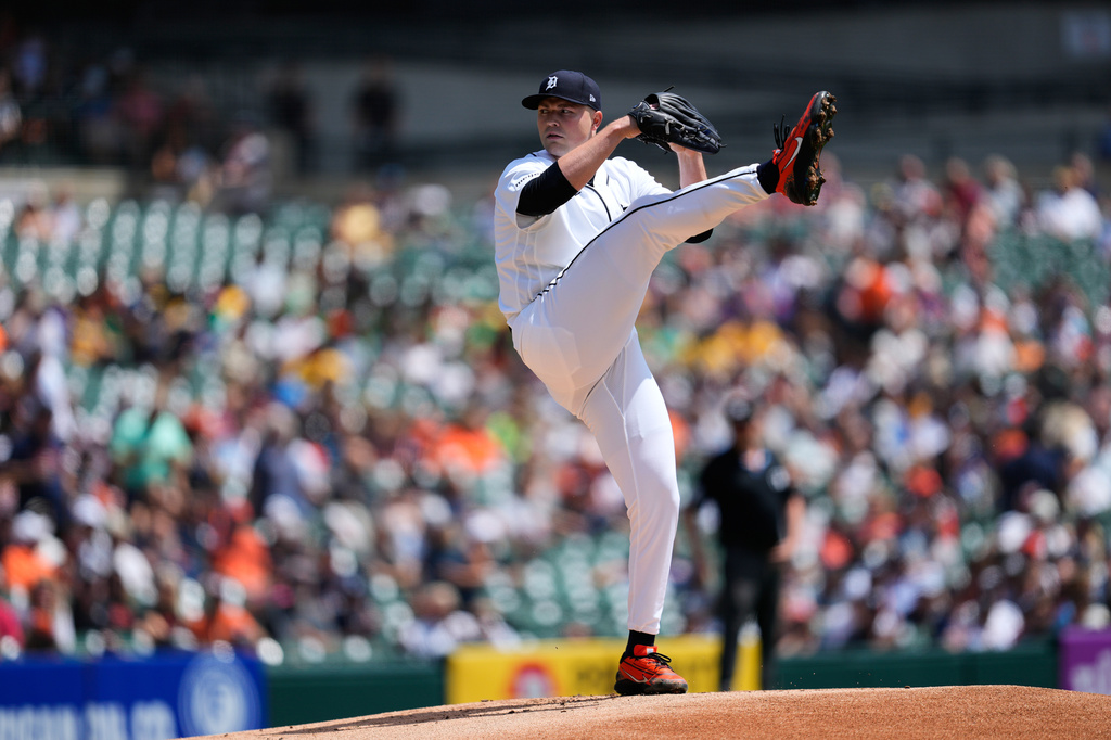 Detroit Tigers pitcher Tarik Skubal throws against the Baltimore Orioles during the first inning of a baseball game Wednesday, July 29, 2026, in Detroit. (AP Photo/Paul Sancya)