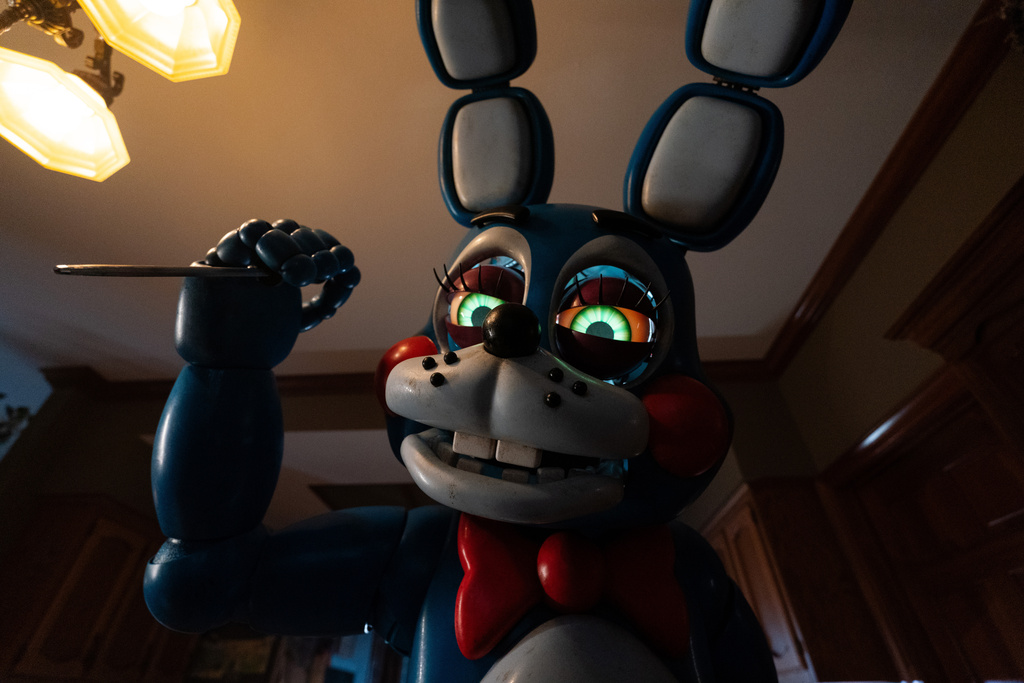 This image released by Universal Pictures shows Toy Bonnie, voiced by Matthew Patrick, in a scene from "Five Nights at Freddy's 2." (Ryan Green/Universal Pictures via AP)