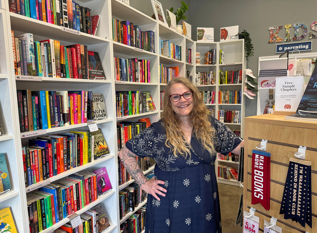 Owner Kelley Hartnett poses at her Double Dog Bookshop in Wentzville, Missouri, on Wednesday, May 27, 2026. (Photo by Bekah Ford/Double Dog Bookshop via AP)
