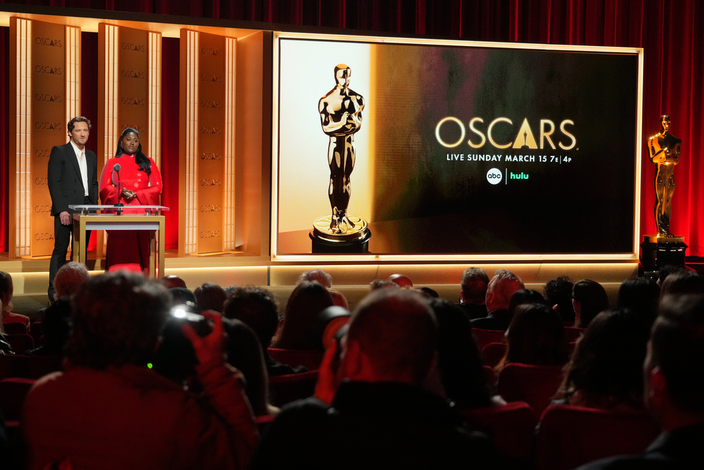 Lewis Pullman, left, and Danielle Brooks present the nominees for the 98th Academy Awards on Thursday, Jan. 22, 2026, at the Samuel Goldwyn Theater in Beverly Hills, Calif. (Photo by Jordan Strauss/Invision/AP)