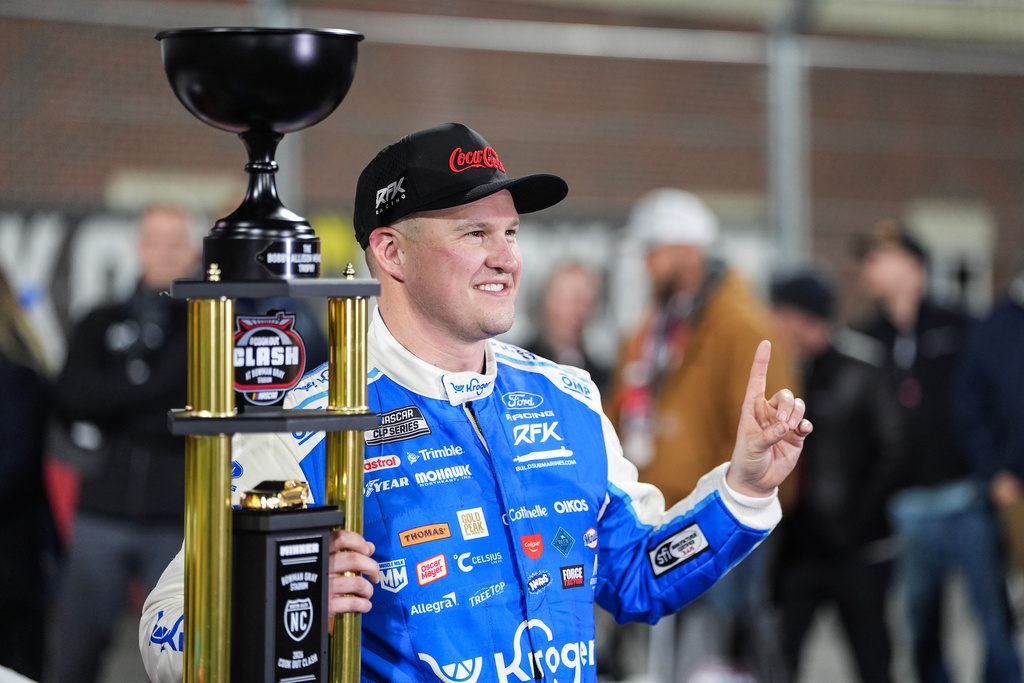 Ryan Preece celebrates in Victory Lane after winning NASCAR's The Clash preseason auto race, Wednesday, Feb. 4, 2026, in Winston-Salem, N.C. (AP Photo/Matt Kelley)