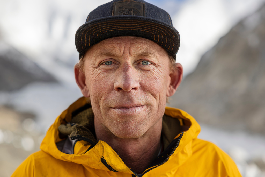 This photo provided by National Geographic shows mountaineer Jim Morrison, the first person ever to successfully ski down the Hornbein Couloir on the direct north face of Mount Everest, at ABC camp on the North Face of Everest, Sept. 24, 2024. (Savannah Cummins/National Geographic via AP)