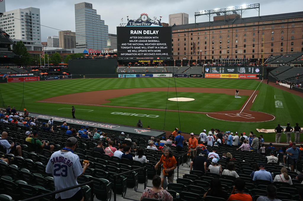The scoreboard displays that the Baltimore Orioles and Chicago Cubs MLB baseball game will start in a delay due to inclement weather Tuesday, July 7, 2026 in Baltimore, Md. (AP Photo/Gail Burton)
