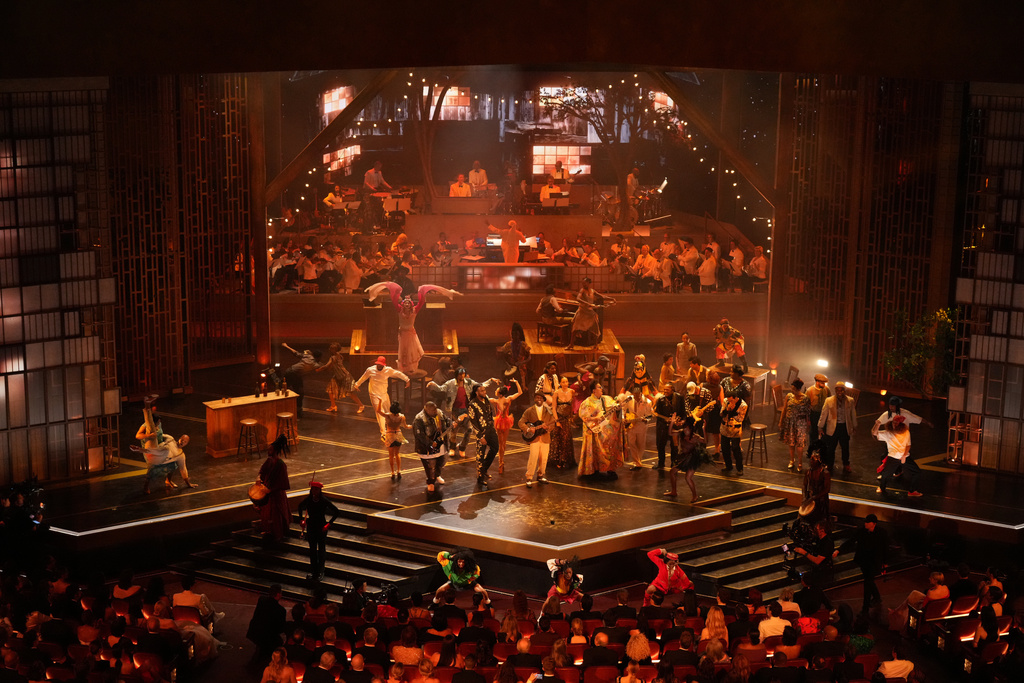Christone "Kingfish" Ingram, from left, Shaboozey, Miles Caton, Brittany Howard, and Raphael Saadiq perform a tribute to "Sinners" during the Oscars on Sunday, March 15, 2026, at the Dolby Theatre in Los Angeles. (AP Photo/Chris Pizzello)