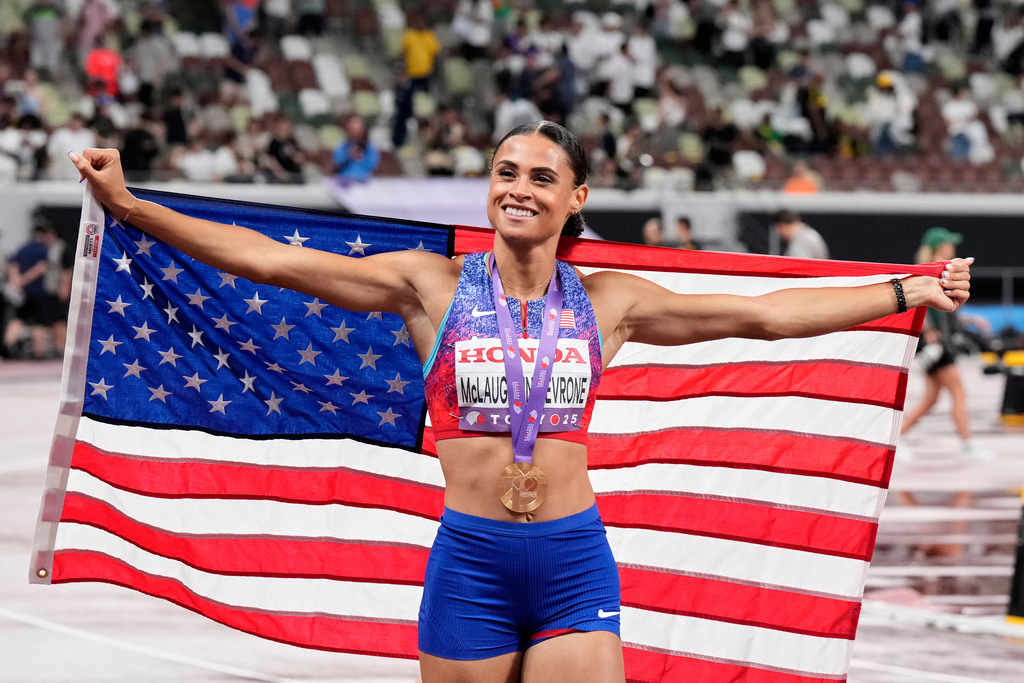 FILE - United States' Sydney McLaughlin-Levrone reacts after winning the gold medal in the women's 400 meters final at the World Athletics Championships in Tokyo, Sept. 18, 2025. (AP Photo/Hiro Komae, File)