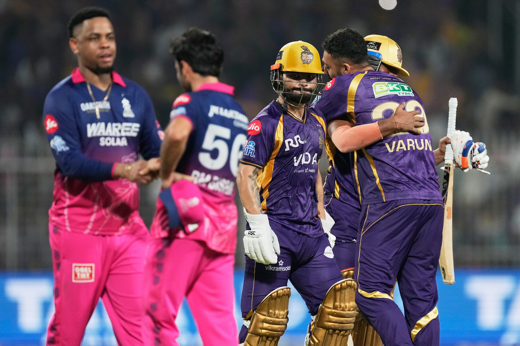 Kolkata Knight Riders' Rinku Singh, center, reacts after Kolkata Knight Riders won the Indian Premier League cricket match against Rajasthan Royals in Kolkata, India, Sunday, April 19, 2026. (AP Photo/Bikas Das)