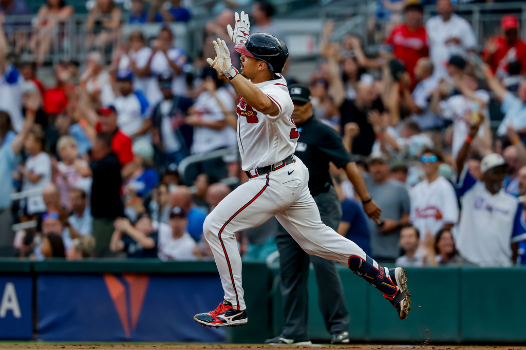 Atlanta Braves' Drake Baldwin celebrates while rounding the bases after hitting a solo home run against the Los Angeles Dodgers during the first inning of a baseball game, Thursday, Aug. 27, 2026, in Atlanta. (AP Photo/Erik S. Lesser)