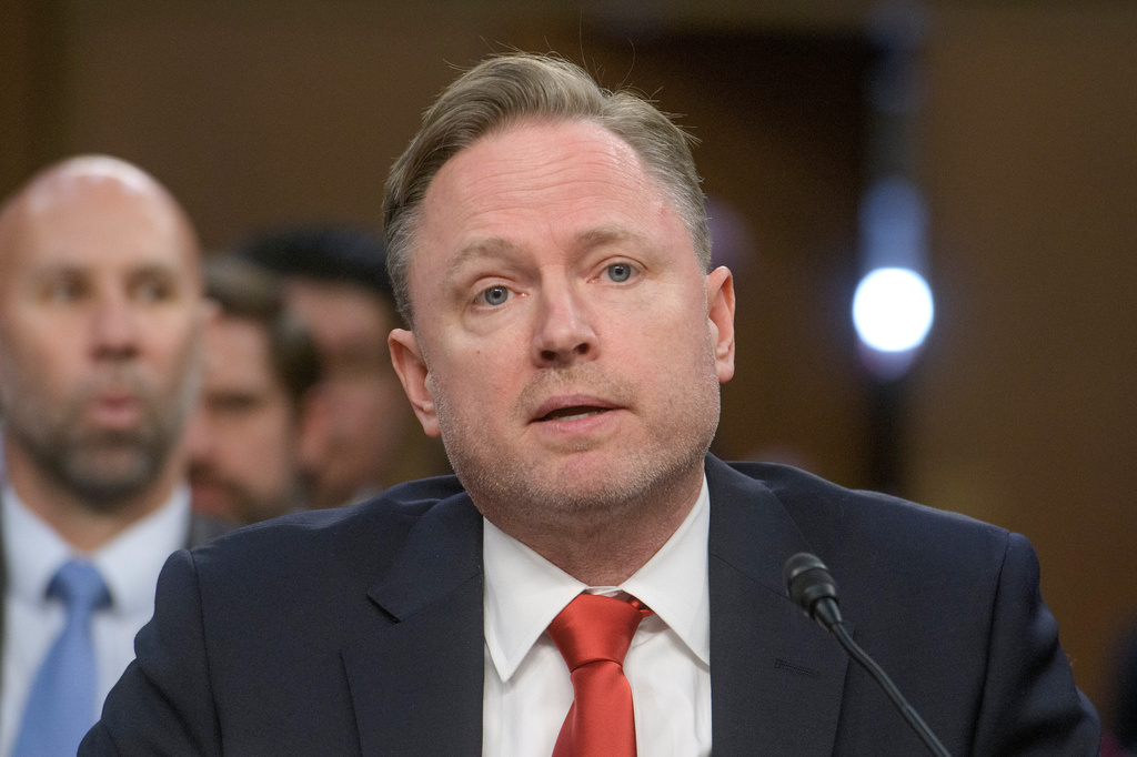 FILE - Aaron Lukas appears before a Senate Committee on Intelligence hearing for his pending confirmation to be principal deputy director DNI, on Capitol Hill, April 9, 2025, in Washington. (AP Photo/Rod Lamkey, Jr., File)