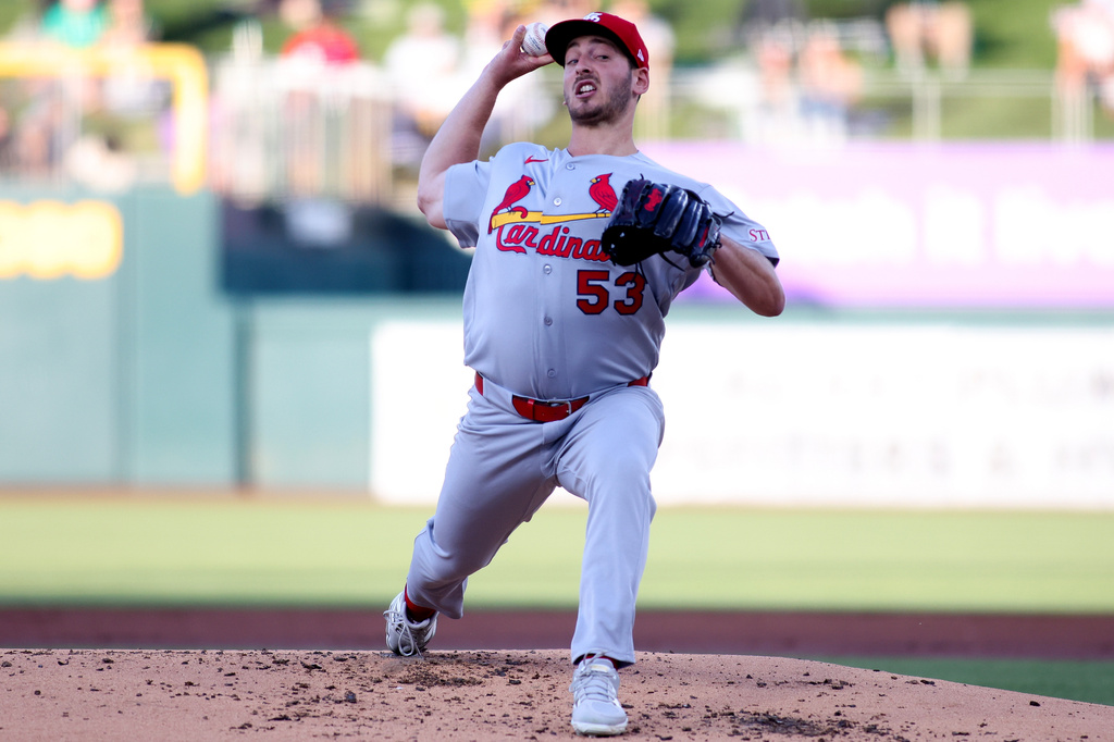 St. Louis Cardinals pitcher Andre Pallante throws to an Athletics batter during the first inning of a baseball game Tuesday, May 12, 2026, in West Sacramento, Calif. (AP Photo/Scott Marshall)
