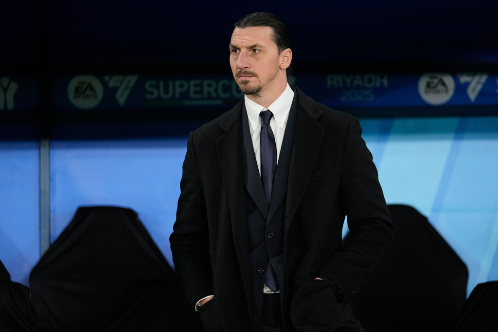 FILE - Former soccer star Zlatan Ibrahimovic stands before the Italian Super Cup semifinal soccer match between Juventus and Milan in Riyadh, Saudi Arabia, Friday, Jan. 3, 2025. (AP Photo/Altaf Qadri, file)