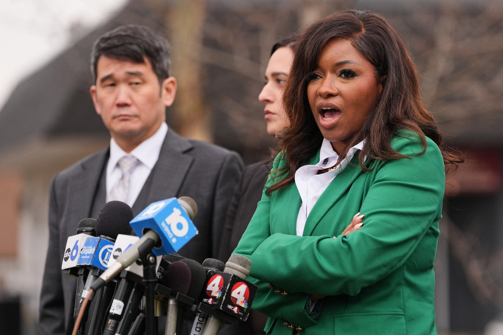 Rep. Jasmine Crockett, D-Texas, speaks during a press conference following the congressional deposition of Les Wexner in the Jeffrey Epstein case, Wednesday, Feb. 18, 2026, in New Albany, Ohio. (AP Photo/Joshua A. Bickel)