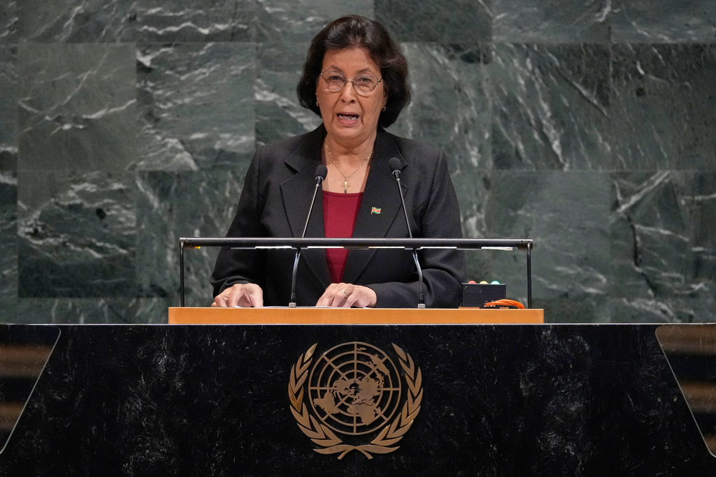 Suriname President Jennifer Geerlings-Simons addresses the 80th session of the United Nations General Assembly at the U.N. headquarters, Tuesday, Sept. 23, 2025. (AP Photo/Richard Drew)