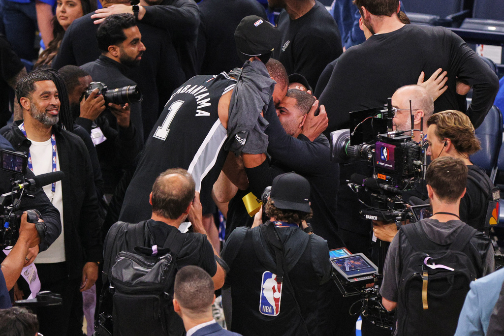 San Antonio Spurs forward Victor Wembanyama celebrates after defeating the Oklahoma City Thunder in Game 7 of the Western Conference finals of the NBA basketball playoffs series Saturday, May 30, 2026, in Oklahoma City. (AP Photo/Nate Billings)