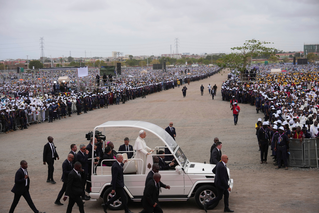 Pope Leo XIV arrives in Kilamba, some 30 kilometers south of Luanda, Angola, to preside over Sunday Mass, Sunday, April 19, 2026, on the seventh day of an 11-day apostolic journey to Africa. (AP Photo/Andrew Medichini)