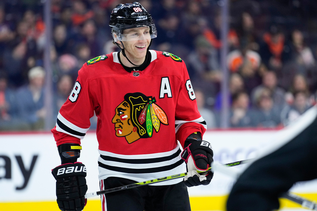 FILE - Chicago Blackhawks' Patrick Kane smiles during an NHL hockey game on Jan. 19, 2023, in Philadelphia. (AP Photo/Matt Slocum, File)